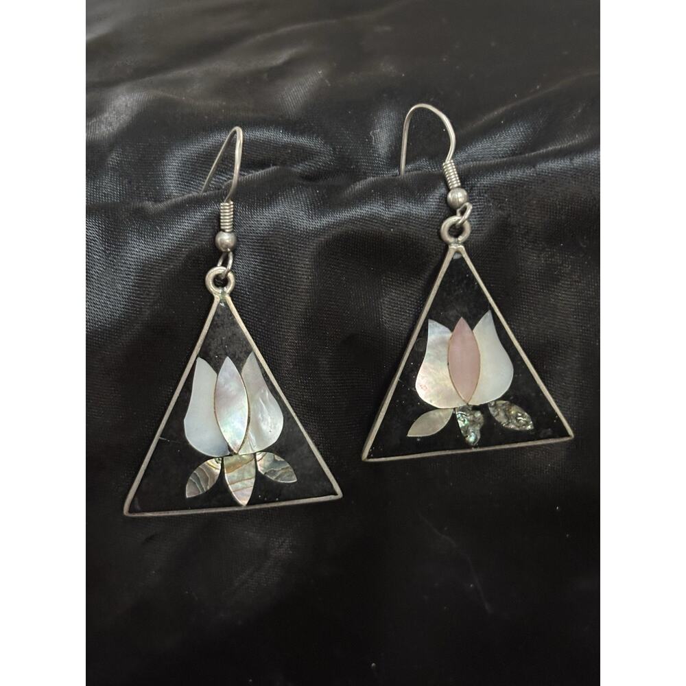 Vintage Floral Alpaca Dangle Earrings Gemstone Inlay Made in Mexico Triangle